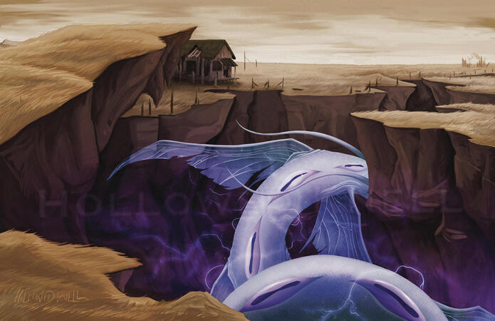 A digital painting of a strange creature in a large fissure in the ground. The grass is dead yellow, and in the background is a ruined building. The creature itself is almost dragon-like, with eyes along its back, torn fin-like appendages, and purplish lig