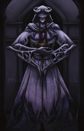 A digital painting of a large, four-armed deity-like statue. The statue has a blind fold, hood and long tattered skirt, and sinewy limbs and ribs. Seven eyes sit across its chest and shoulders. One set of arms holds a bowl that catches the blood it cries w