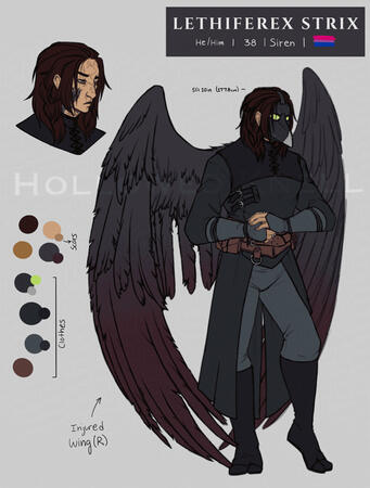 A small reference sheet of my character Strix. He has black and red wings, one of which is tattered, black tabi boots and a thick brown belt. He also wears grey pants, grey fingerless gloves, a black jacket and a black plague doctor's mask with green eyes.
