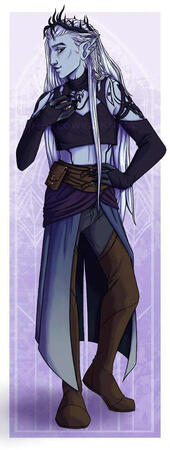 A picture of my hexblood divination wizard, Siggi. They have very long, partially braided white hair with black antler-like growths, several eye tattoos, and ears that are double pointed. They wear some makeup and thigh-high boots,a black crop top with exp