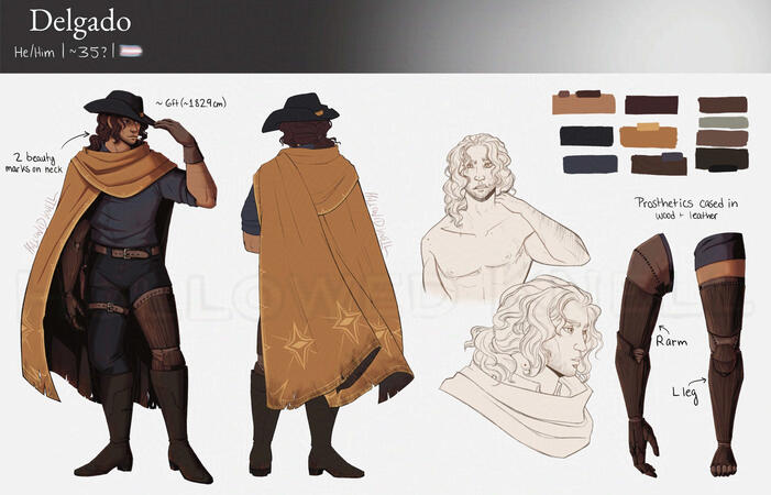 Delgado Sheet A reference sheet for a space cowboy character named Degaldo. Includes a front and back in color, sketches of a side head shot and shirtless reference for top surgery scars, and more uncovered prosthetic visuals. Delgado mostly wears black, brown and orang