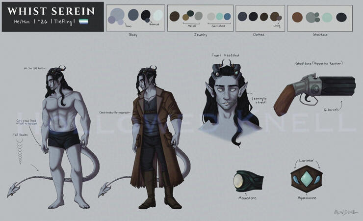 A reference sheet of my character Whist Serein. It includes two standing versions of him, one that shows his scars and his hair down while the other shows him fully clothed, including a jacket, boots, and hair held up in a bun. The sheet also has a front f