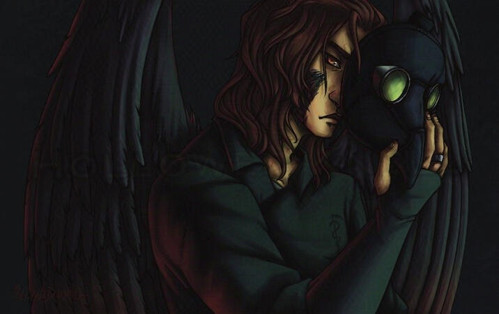 A picture of my character Strix in his older design. His face is half hidden by his plague doctor mask, which he holds in hand, and himself and his wings are lit in red from the left and sickly green from the front right.